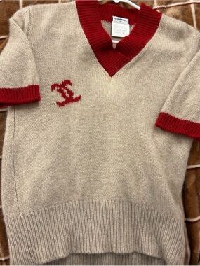 CHANEL Beige and Red V-Neck Logo Sweater